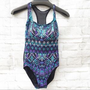 Aqua Green Blue Black Print Racerback Swimsuit S